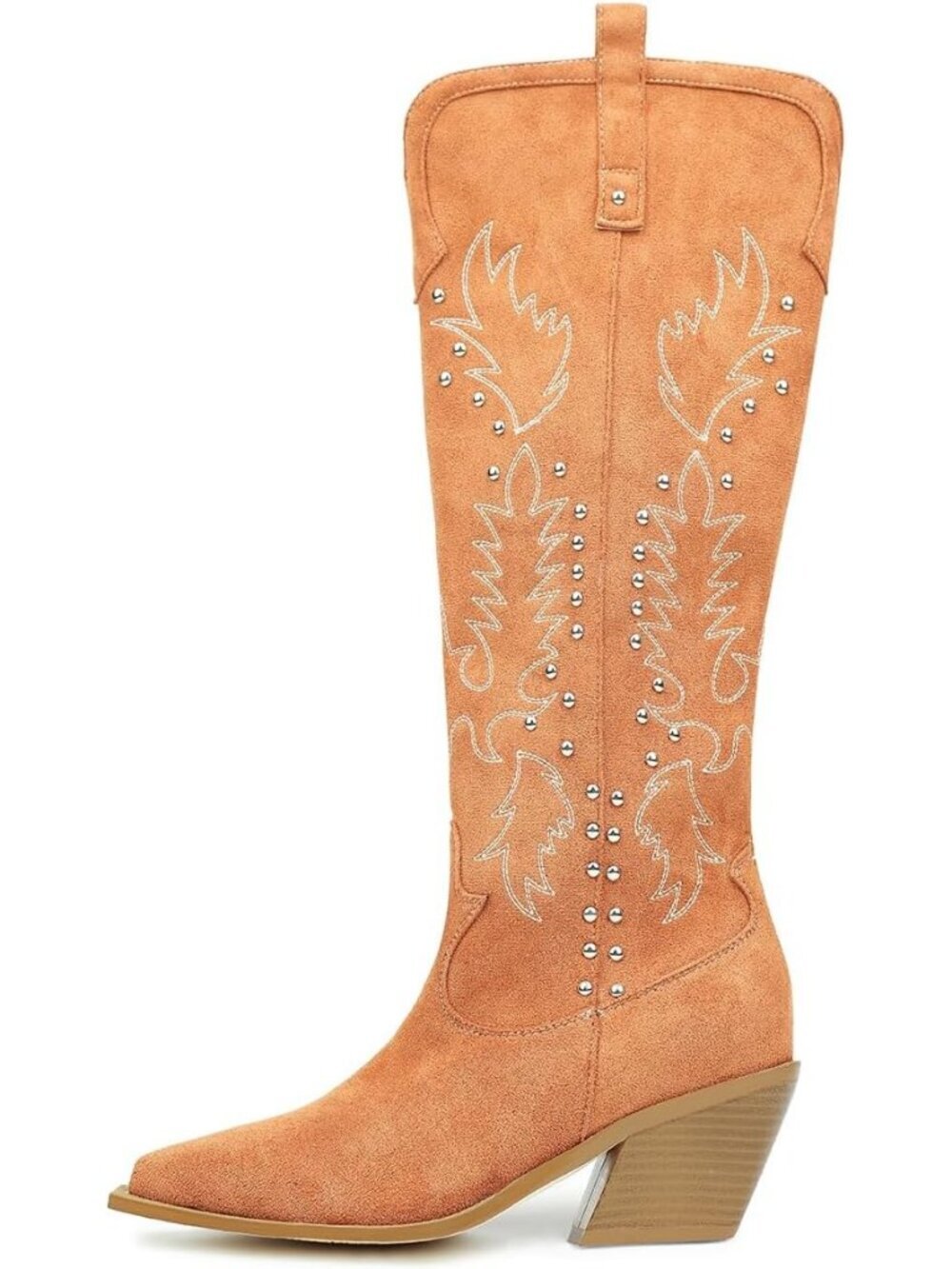 Women's Tan Faux Suede Thick Heels Embroider